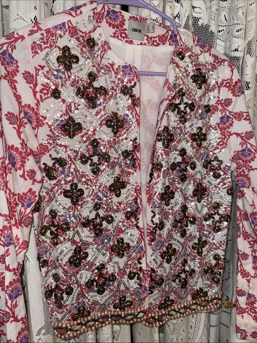 ASOS Pink Floral Embellished cotton Jacket - Picture 2 of 5